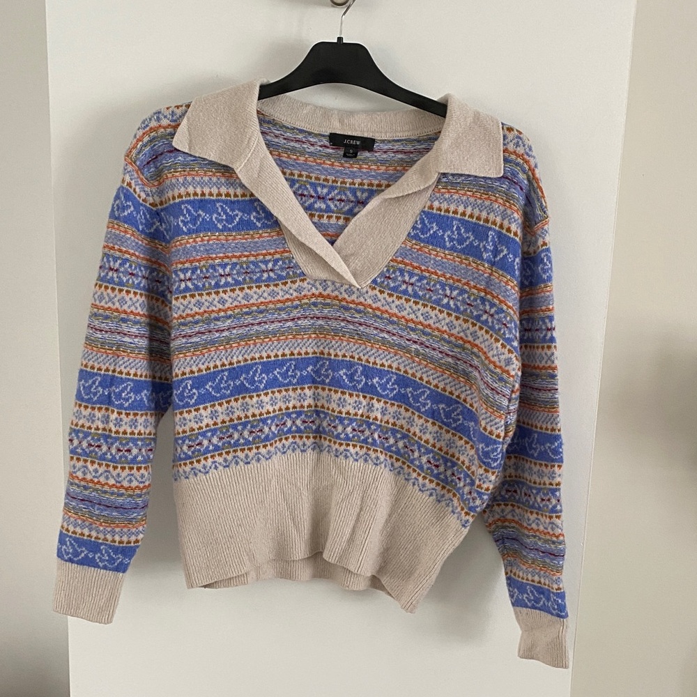 J. Crew V-Neck Sweater - Blue and Beige fair isle Pattern collared banded sort
